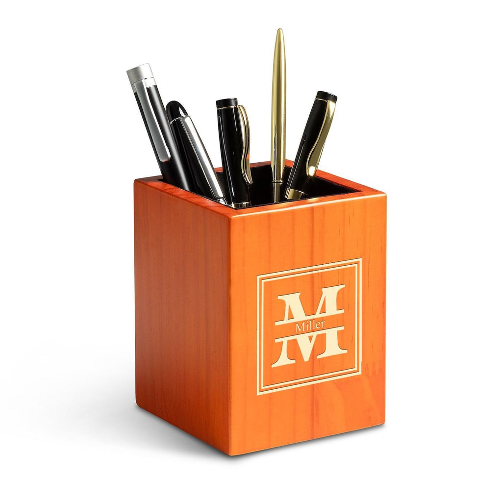 Split Monogram Theme Personalized Saddle Finish Wood Pen and Pencil Cup