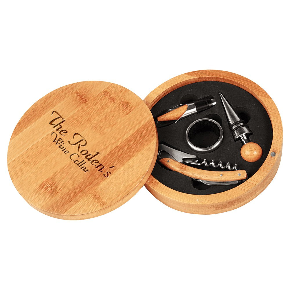 Personalized 4 Piece Round Bamboo Wine Set