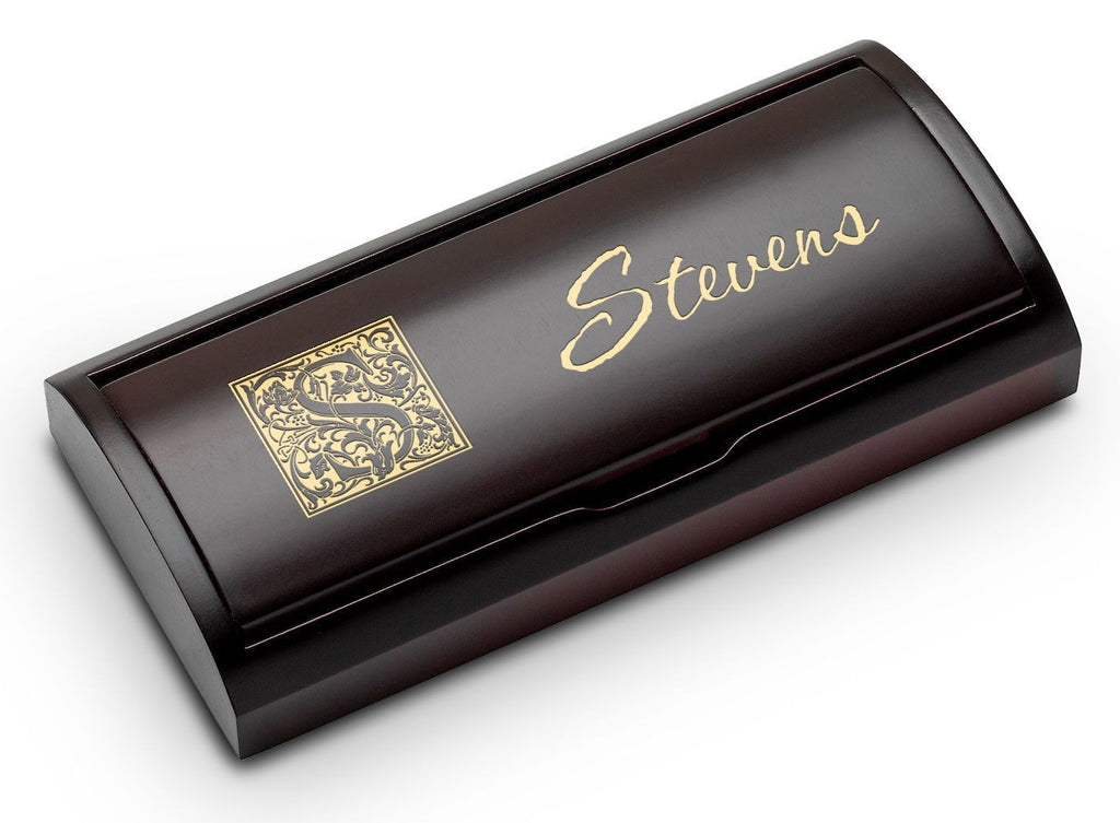 Last Name Monogram Engraved Black & Gold Ballpoint Pen with Cherry Wood Box