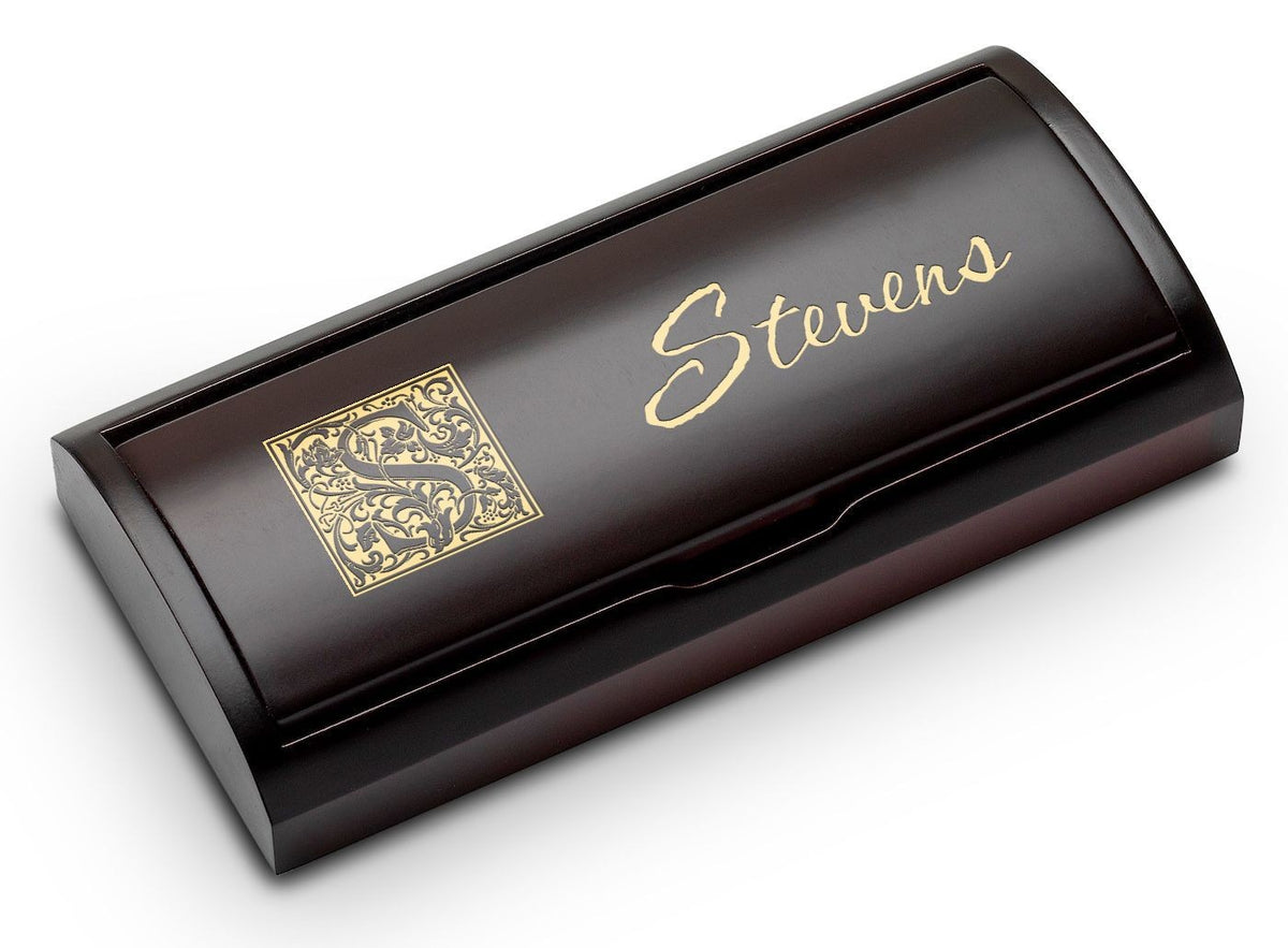 Last Name Monogram Engraved Black & Gold Ballpoint Pen with Cherry Wood Box