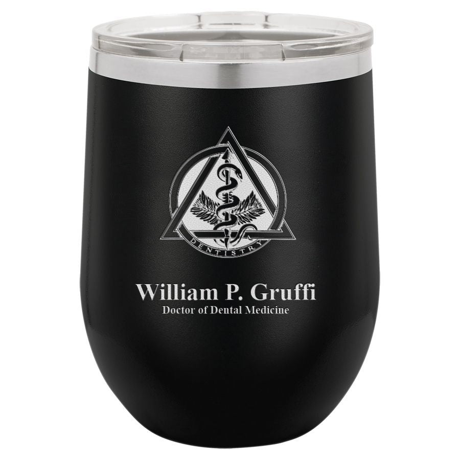 Dentist Emblem 12 Ounce Black Insulated Stemless Wine Glass