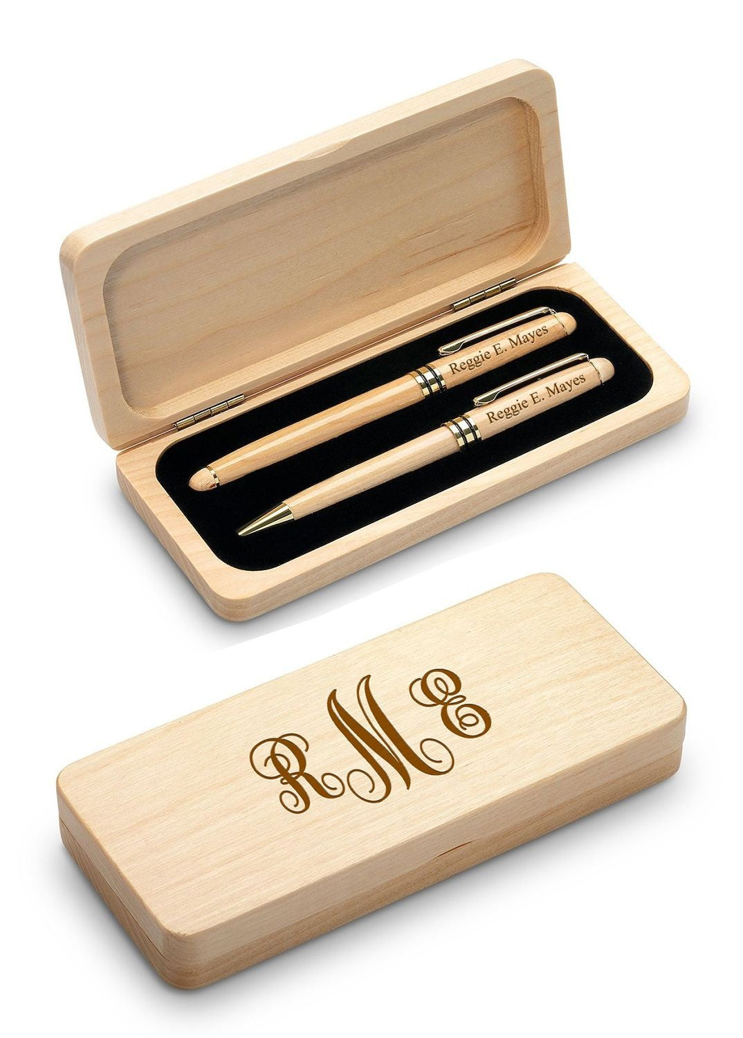 Script Monogram Elegance Collection Maple Wood Ballpoint Pen & Fountain Pen Set