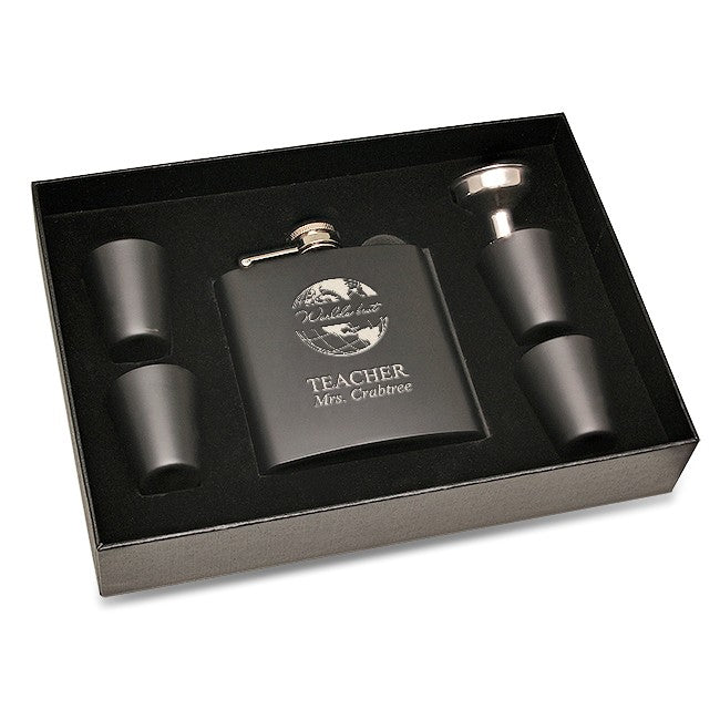 World's Best Teacher Black Flask Set with Wooden Box