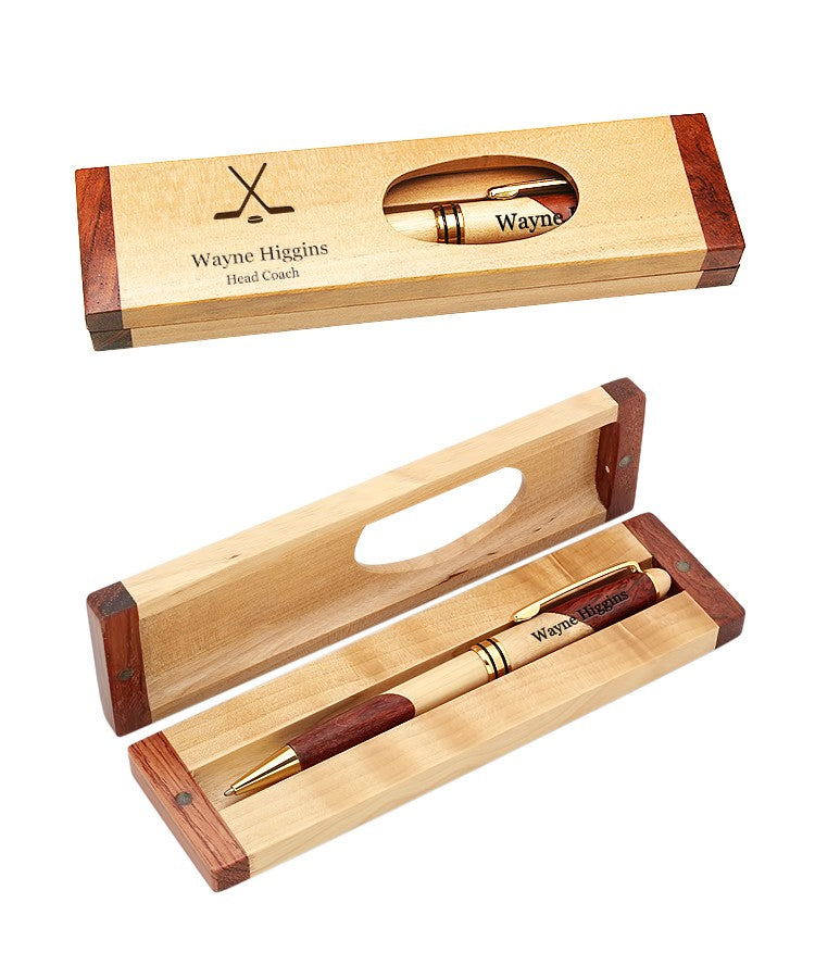 Hockey Themed Laser Engraved Maple & Rosewood Pen and Box Set