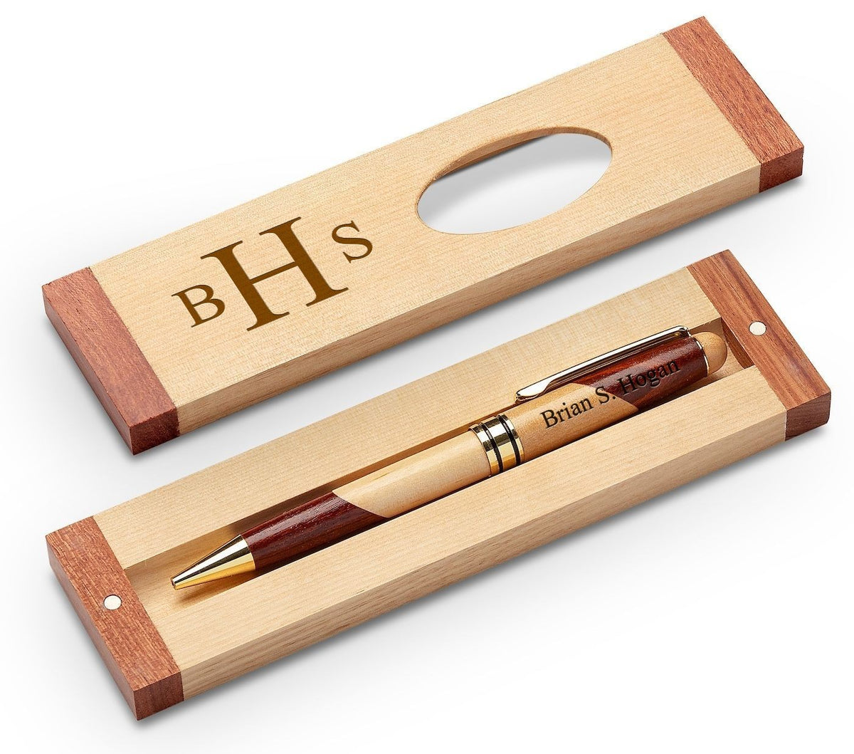 Roman Monogram Theme Personalized Maple & Rosewood Engraved Pen and Box
