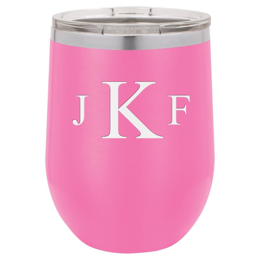 Roman Monogram 12 Ounce Pink Insulated Stemless Wine Glass