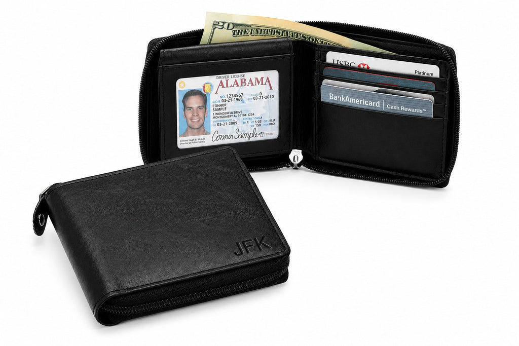 Executive Collection RFID Blocking Black Leather Zipper Wallet