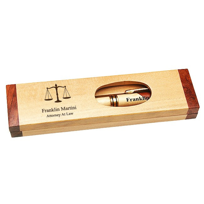 Lawyer Scales of Justice Maple & Rosewood Engraved Pen and Box