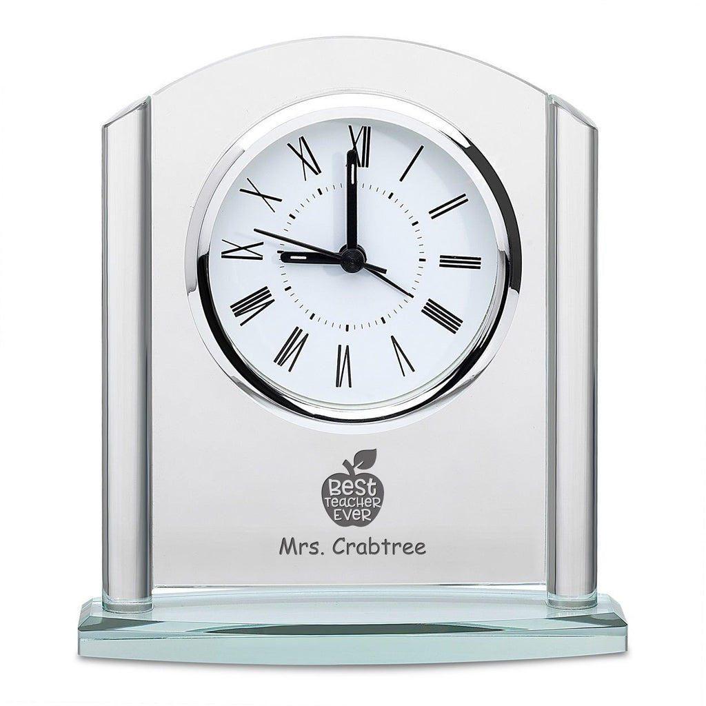Best Teacher Ever Arched Glass Personalized Desk Clock with Silver Finish Accents
