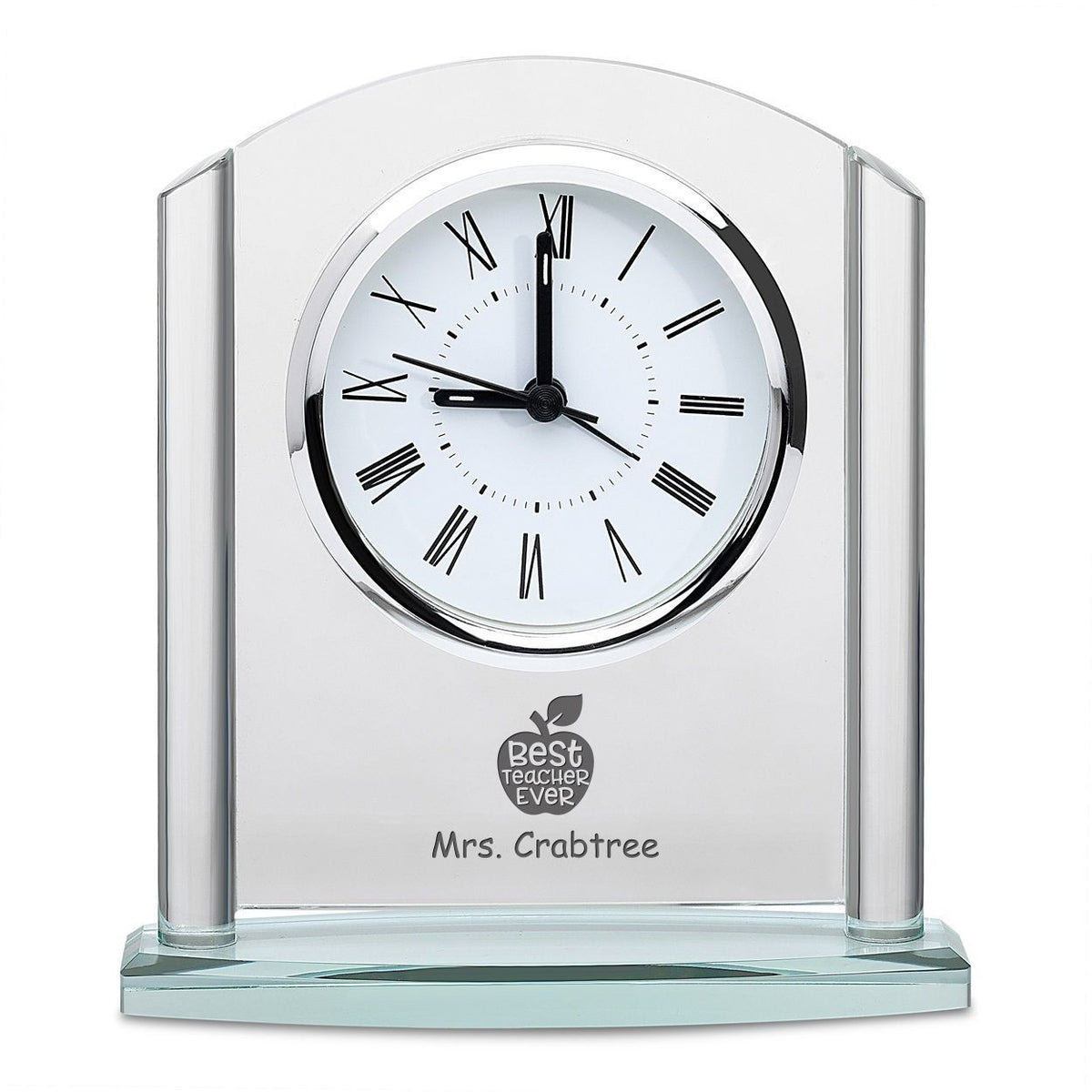 Best Teacher Ever Arched Glass Personalized Desk Clock with Silver Finish Accents