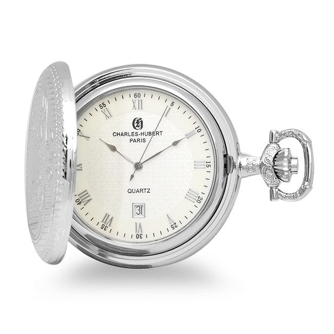 Silver Quartz Charles Hubert Pocket Watch & Chain # 3818 - Executive Gift Shoppe