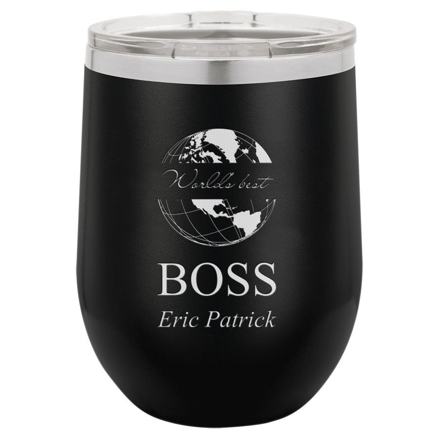 World's Best Boss Personalized 12 Ounce Black Insulated Stemless Wine Glass