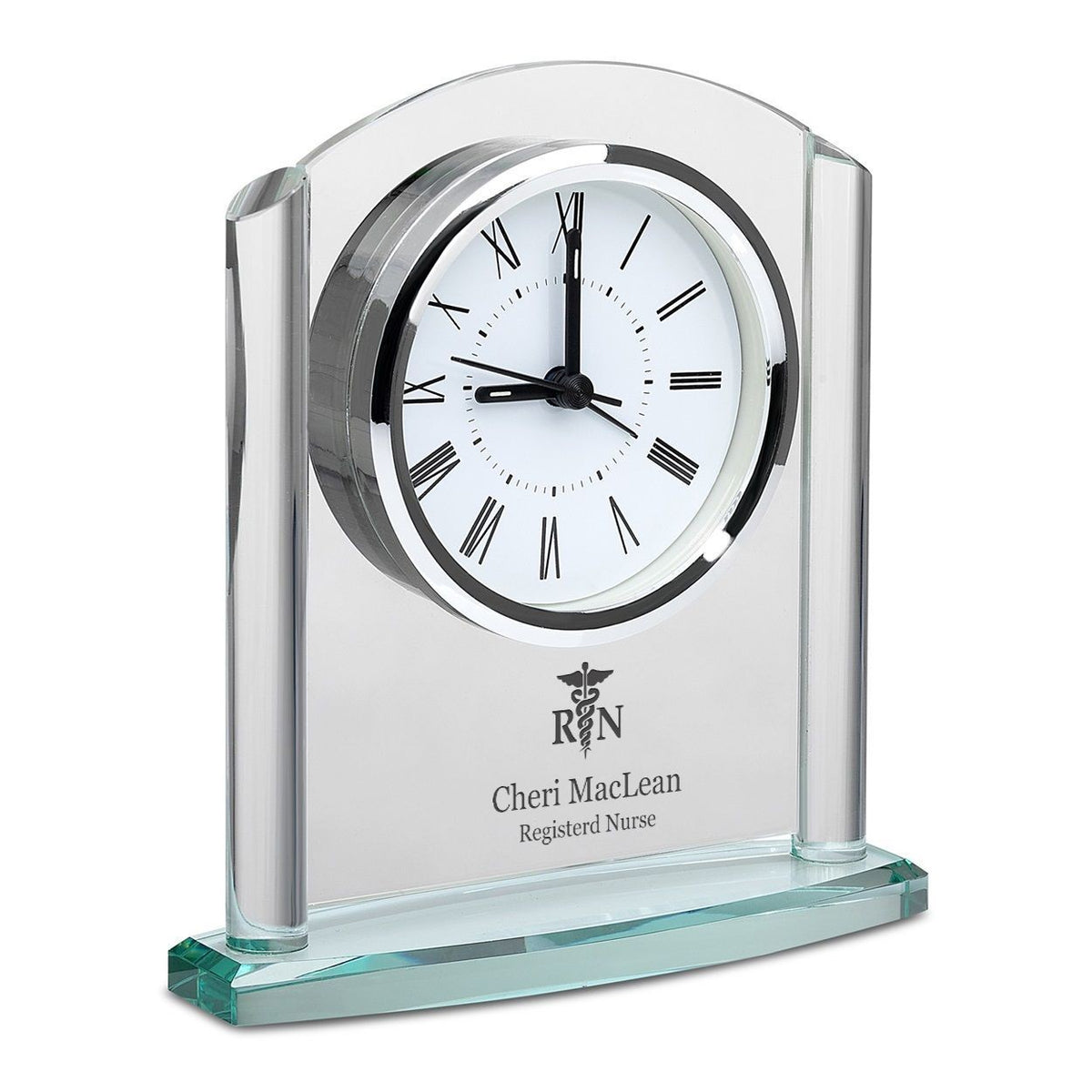 Nurse Arched Glass Personalized Desk Clock with Silver Finish Accents