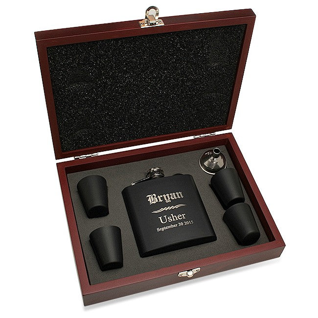 Groomsman's Gift Black Flask With Wooden Box - Executive Gift Shoppe
