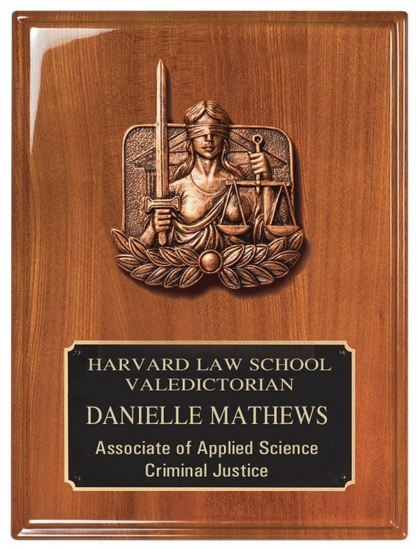 Personalized Blind Lady Justice Theme Walnut Plaque with Engraving Plate
