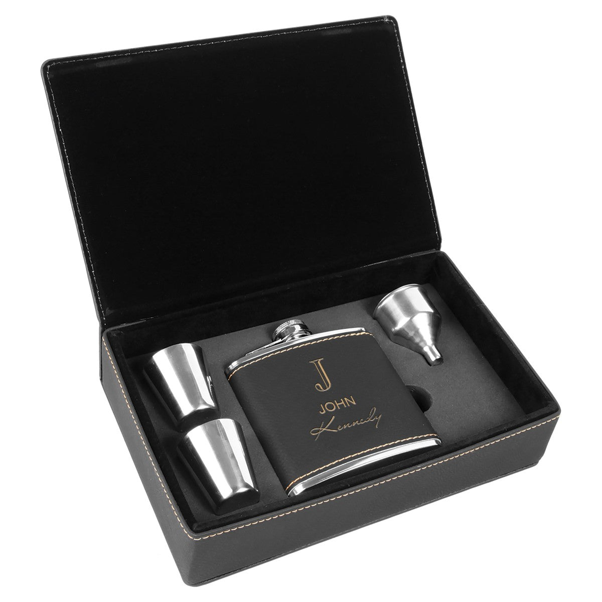 Black & Gold Full Name Monogram Flask Set