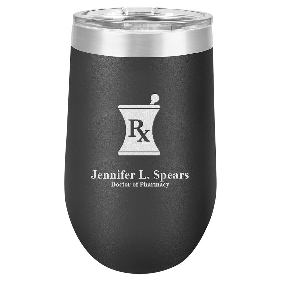 Pharmacist Emblem 16 Ounce Black Insulated Stemless Wine Glass