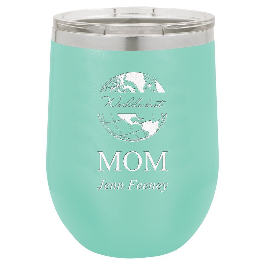World's Best Mom Personalized 12 Ounce Teal Insulated Stemless Wine Glass