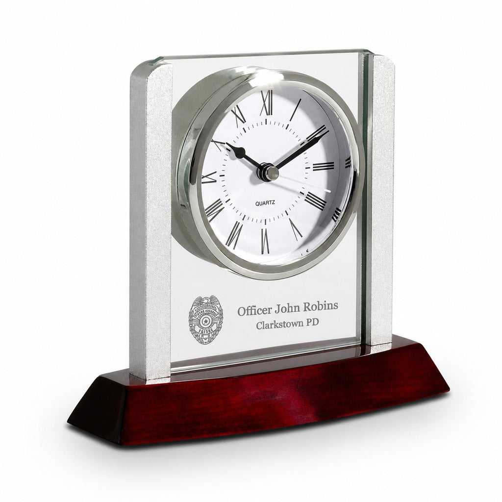 Prestige Collection Police Theme Personalized Rosewood, Glass & Steel Desktop Clock