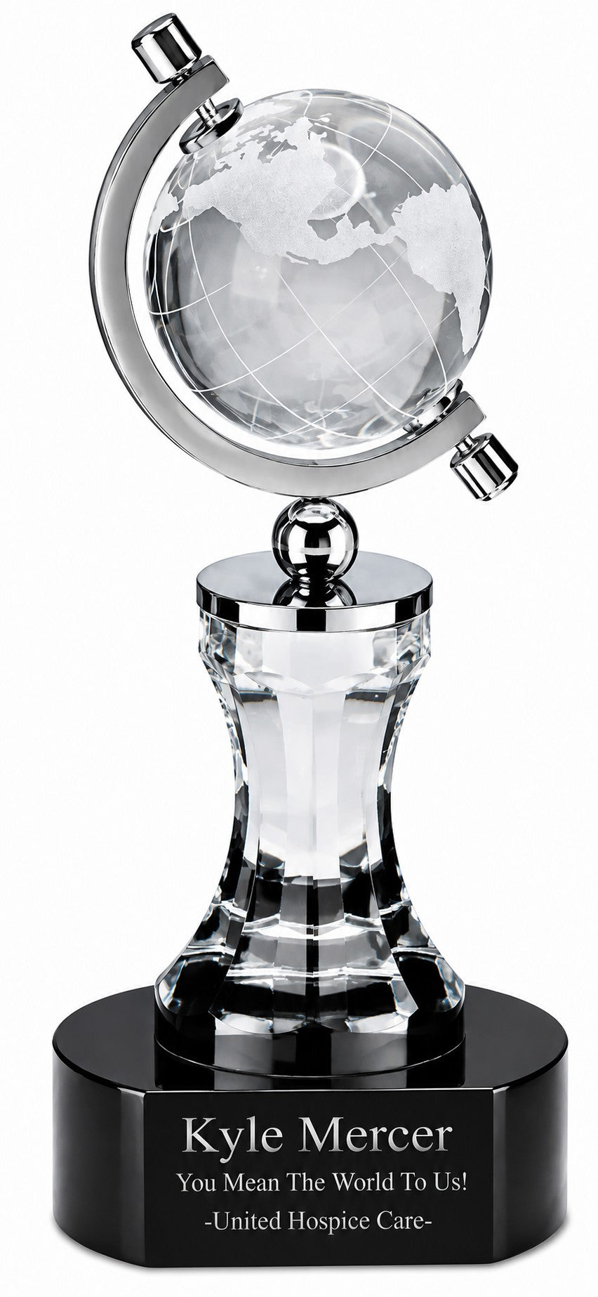 Personalized Spinning Crystal Globe On Black Pedestal