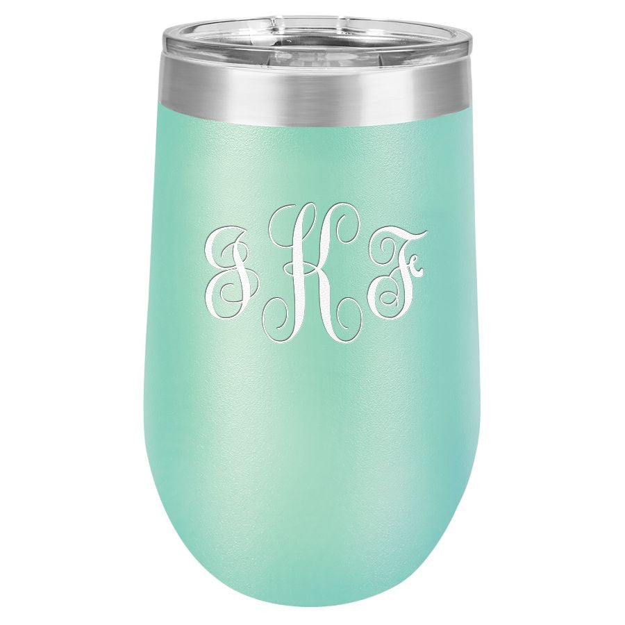 Script Monogram 16 Ounce Teal Insulated Stemless Wine Glass