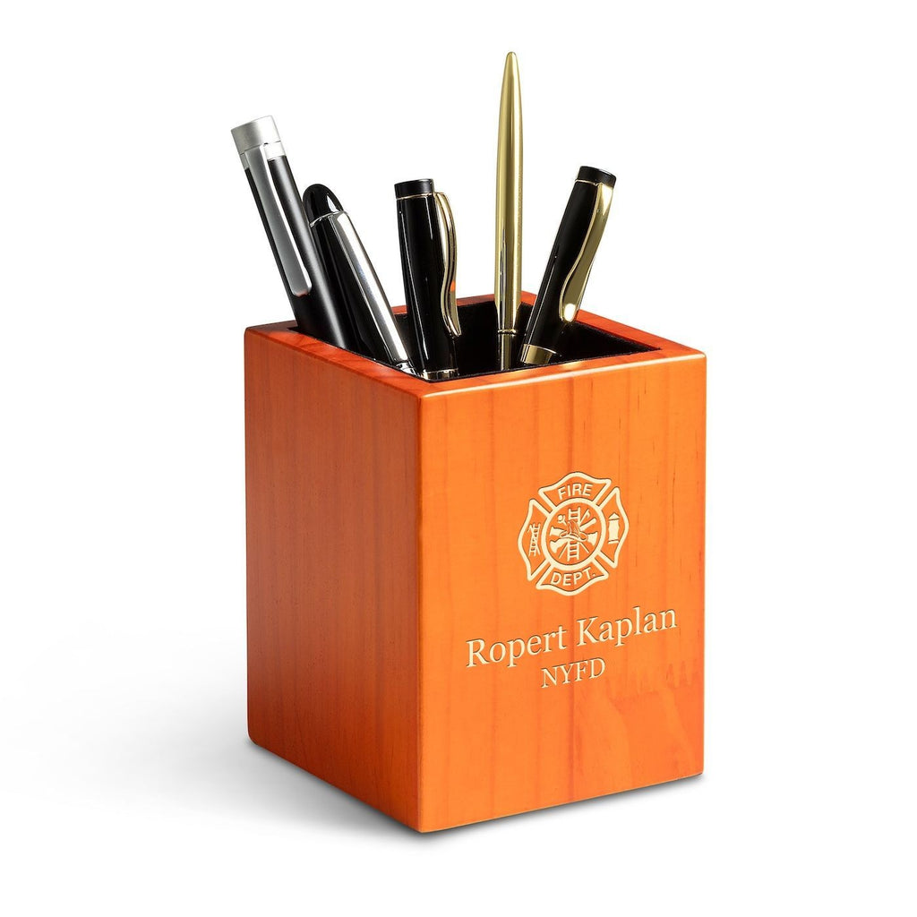 Saddle Finish Wood Firefighter Personalized Pen and Pencil Cup