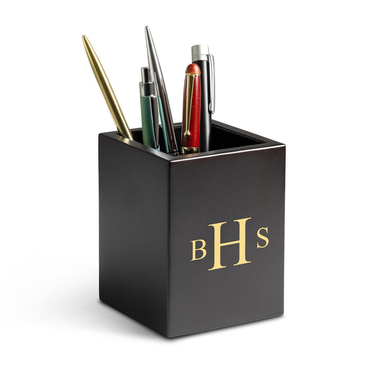 Roman Monogram Theme Personalized Cherry Finish Wood Pen and Pencil Cup