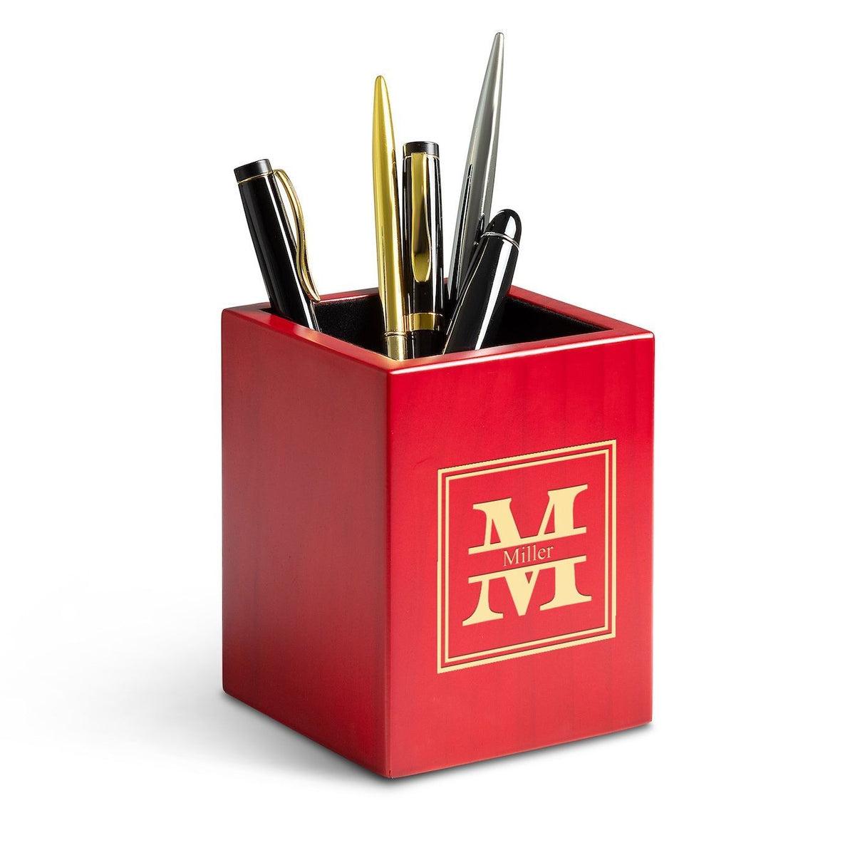 Split Monogram Theme Personalized Rose Finished Wood Pen and Pencil Cup