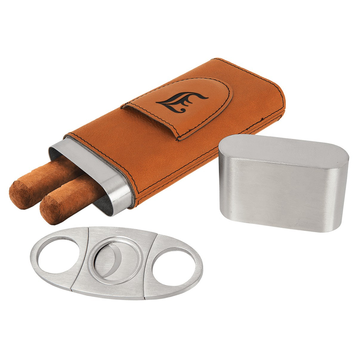 Personalized Steel Cigar Case with Cutter with Rawhide Wrap
