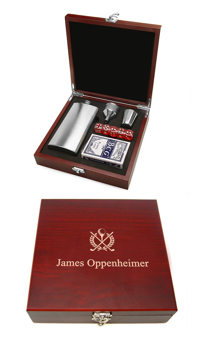 Crossing Golf Clubs Engraved Flask & Gaming Set