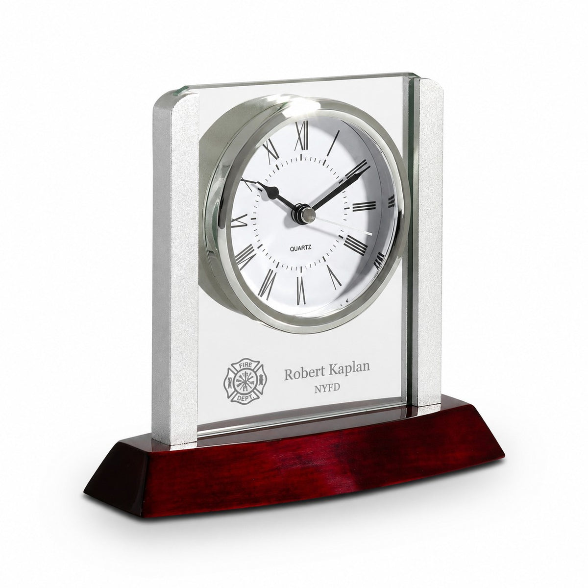 Prestige Collection Firefighter Theme Personalized Rosewood, Glass & Steel Desktop Clock