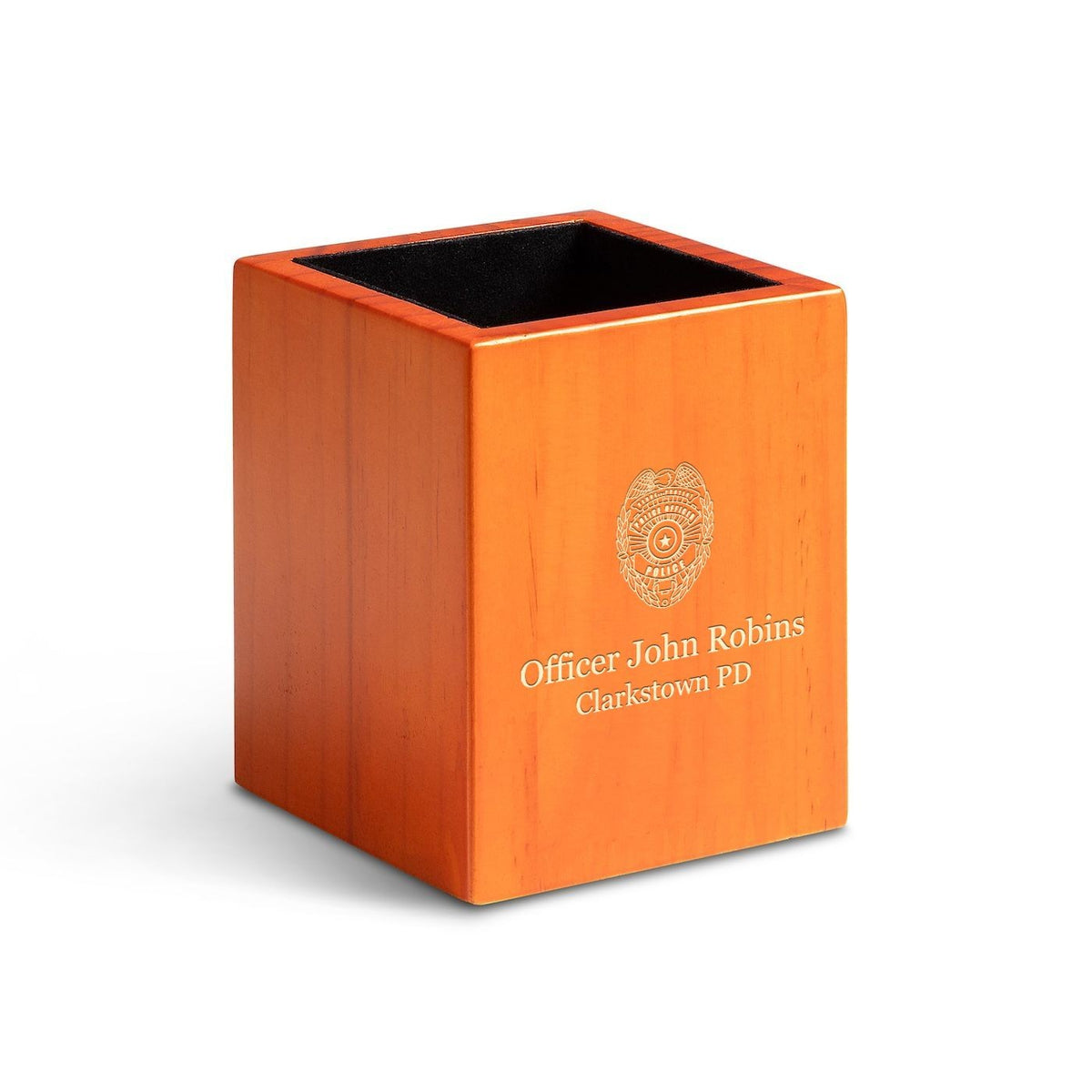 Saddle Finish Wood Police Theme Personalized Pen and Pencil Cup
