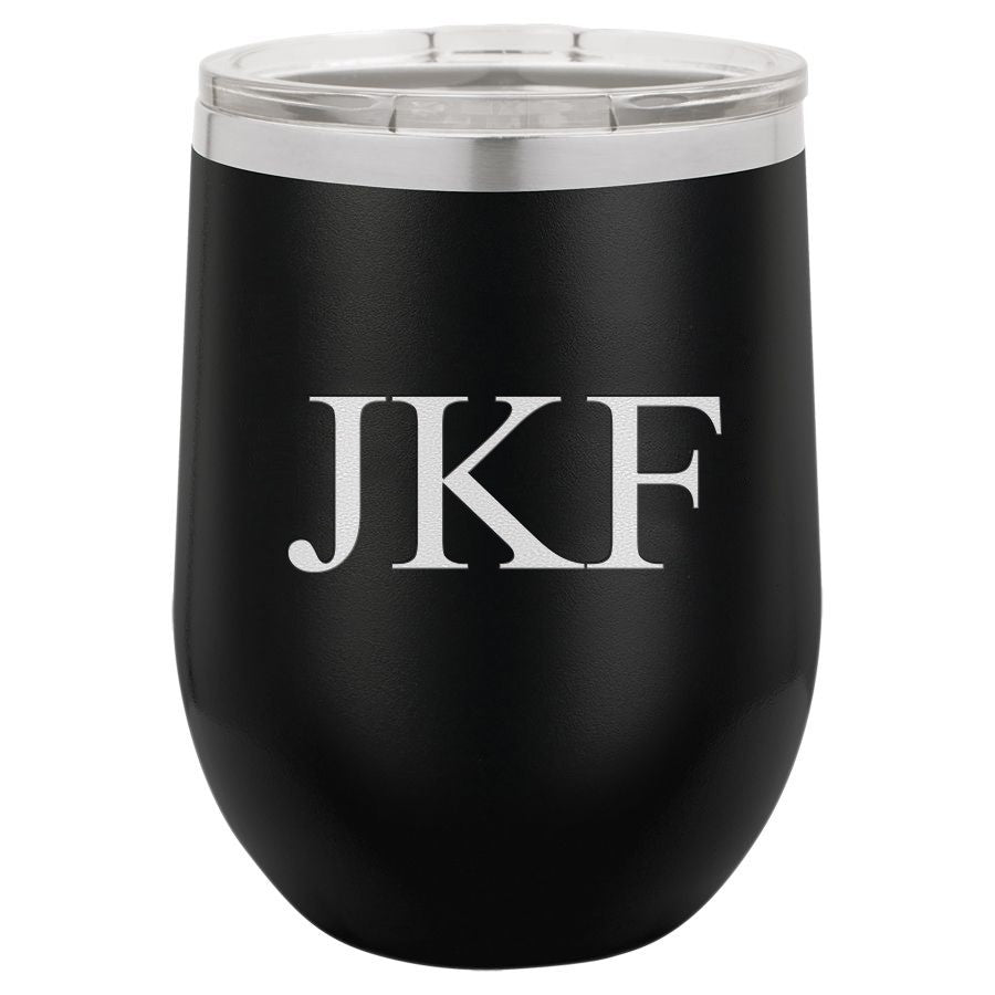 12 Ounce Black Insulated Stemless Wine Glass with Personalized Initials