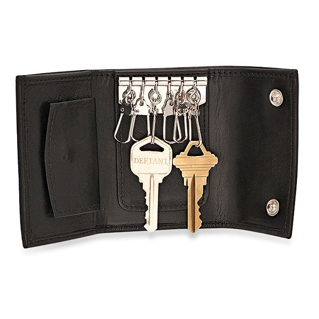 Black Leather Trifold Key Holder Wallet With Snap Change Pouch