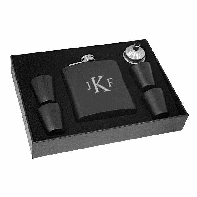 Roman Monogram Black Flask & Shot Cups Gift Set - Executive Gift Shoppe
