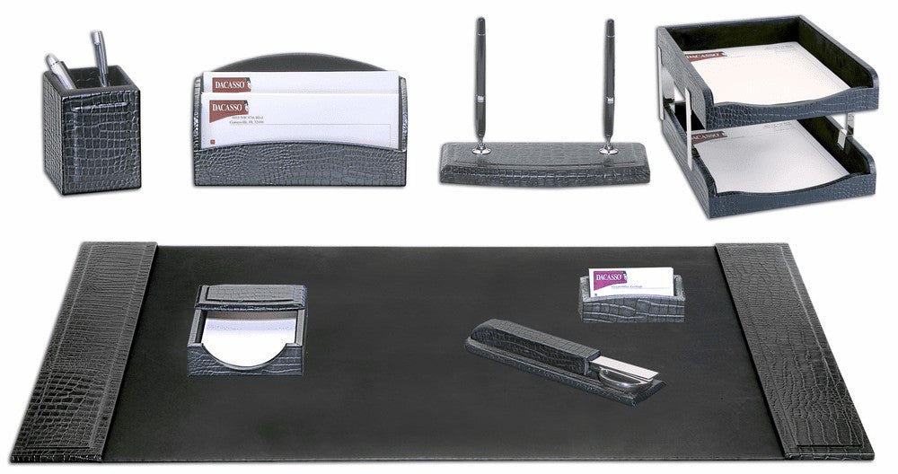 10 Piece Crocodile Embossed Leather Desk Set