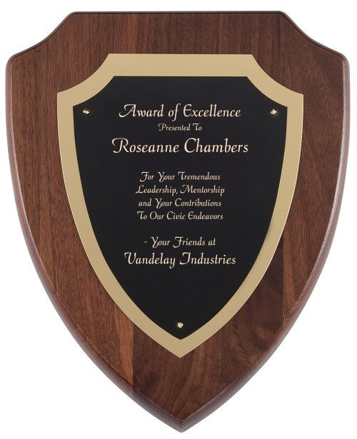 Walnut Shield Plaque With Black & Gold Engraving Plate