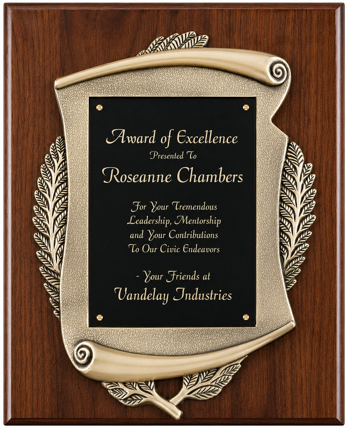 Walnut Plaque With Scroll Design & Engraving Plate
