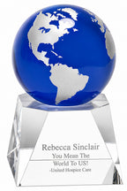 Blue Crystal Globe With Personalized Pedestal Base - 5" Height