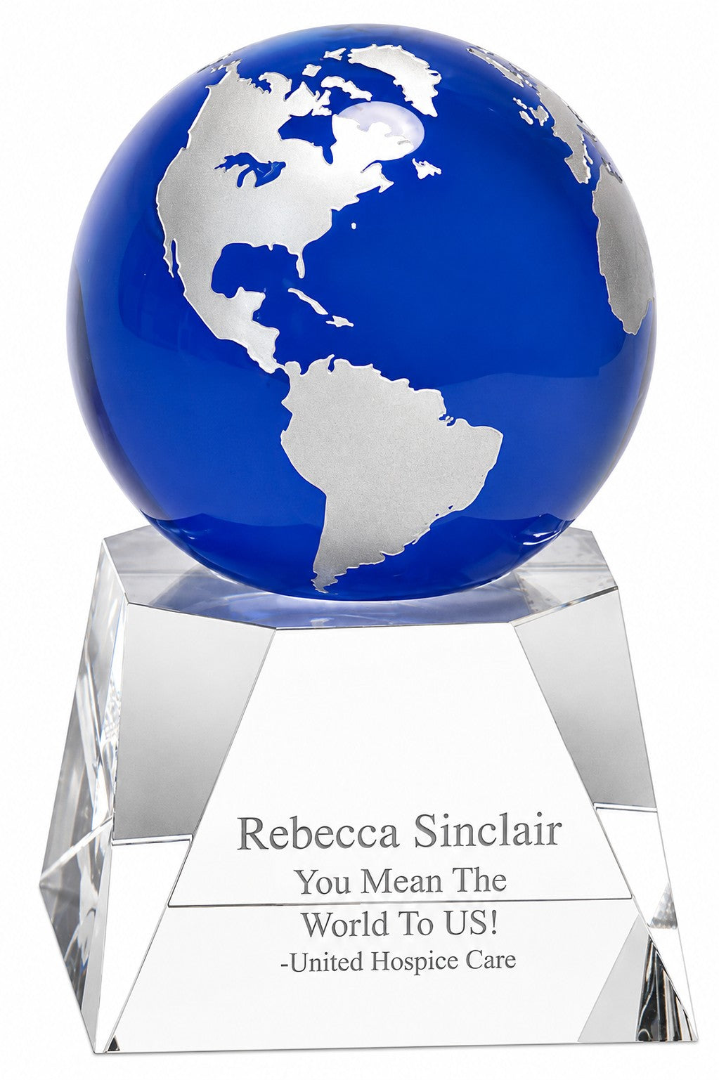 Blue Crystal Globe With Personalized Pedestal Base - 5" Height