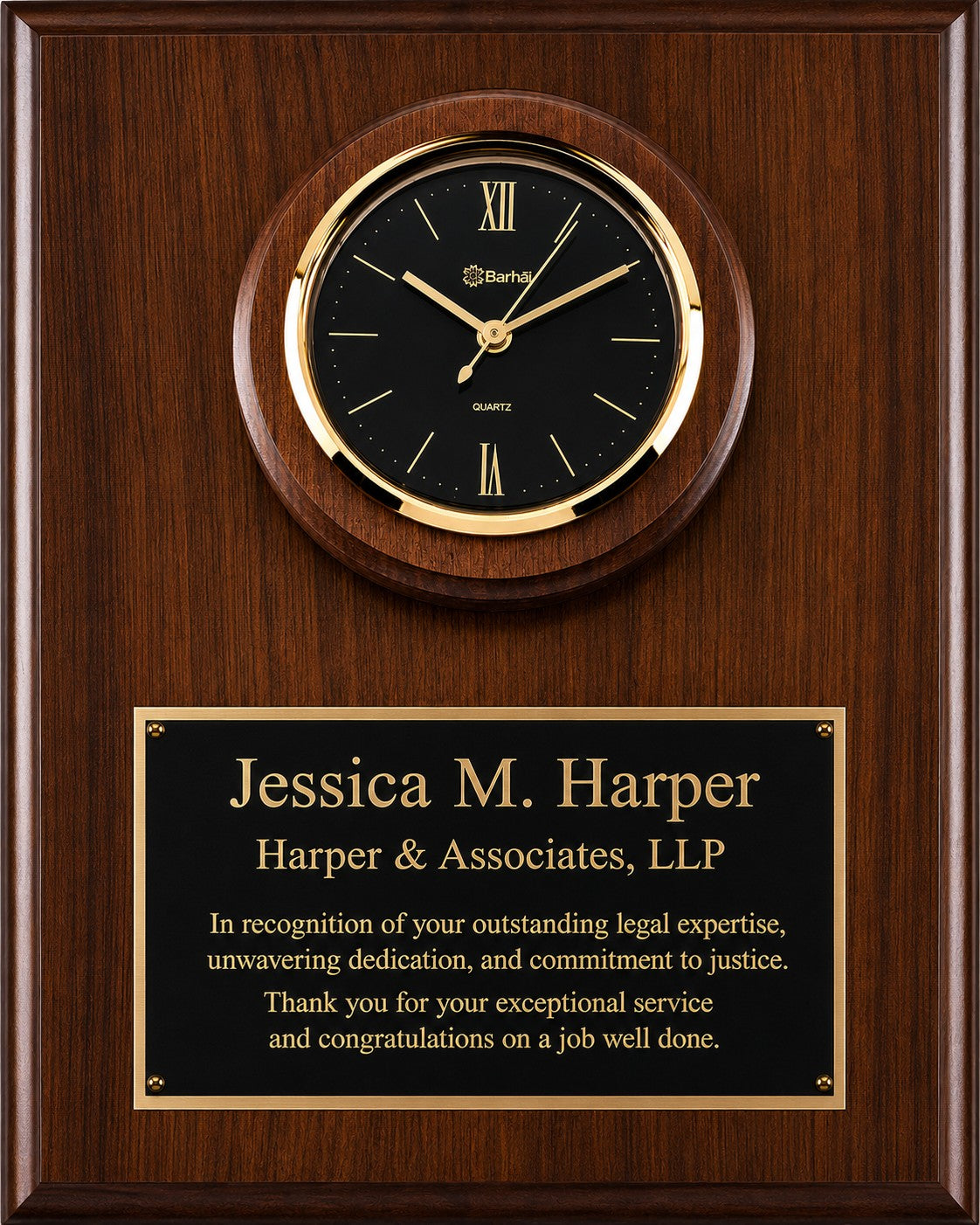 Personalized Genuine Walnut Recognition Plaque with Inlaid Clock with Black Dial