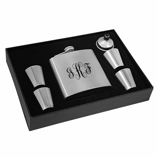 Script Monogram Steel Flask & Shot Cups Gift Set - Executive Gift Shoppe