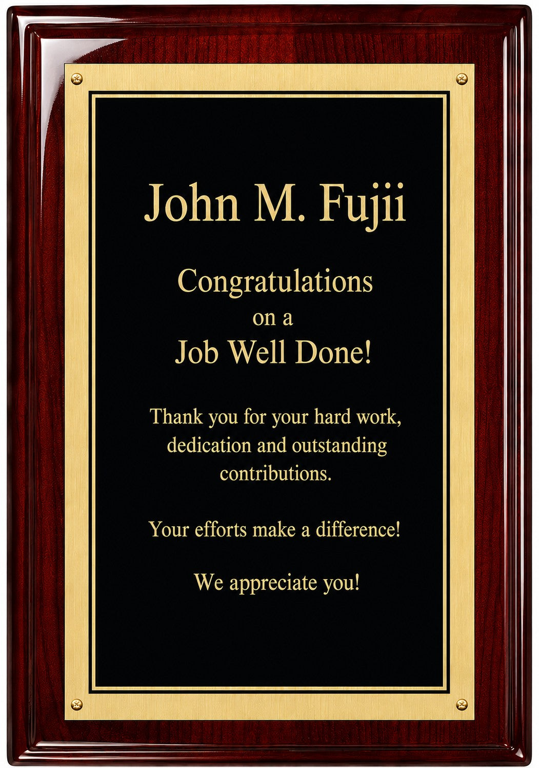 Rosewood Plaque With Black Engraving Plate with Thick Gold Border - RP157