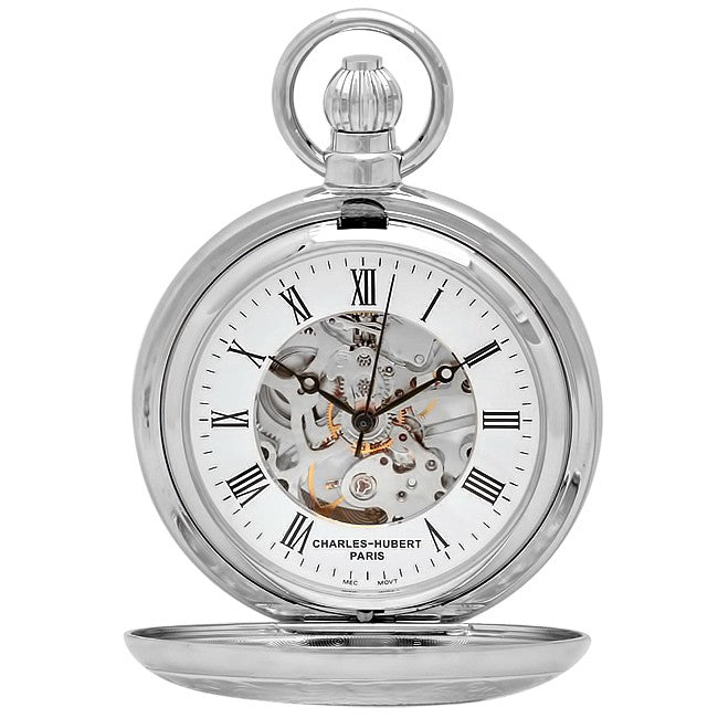 Silver Charles Hubert Mechanical Pocket Watch & Chain #3527-W - Executive Gift Shoppe