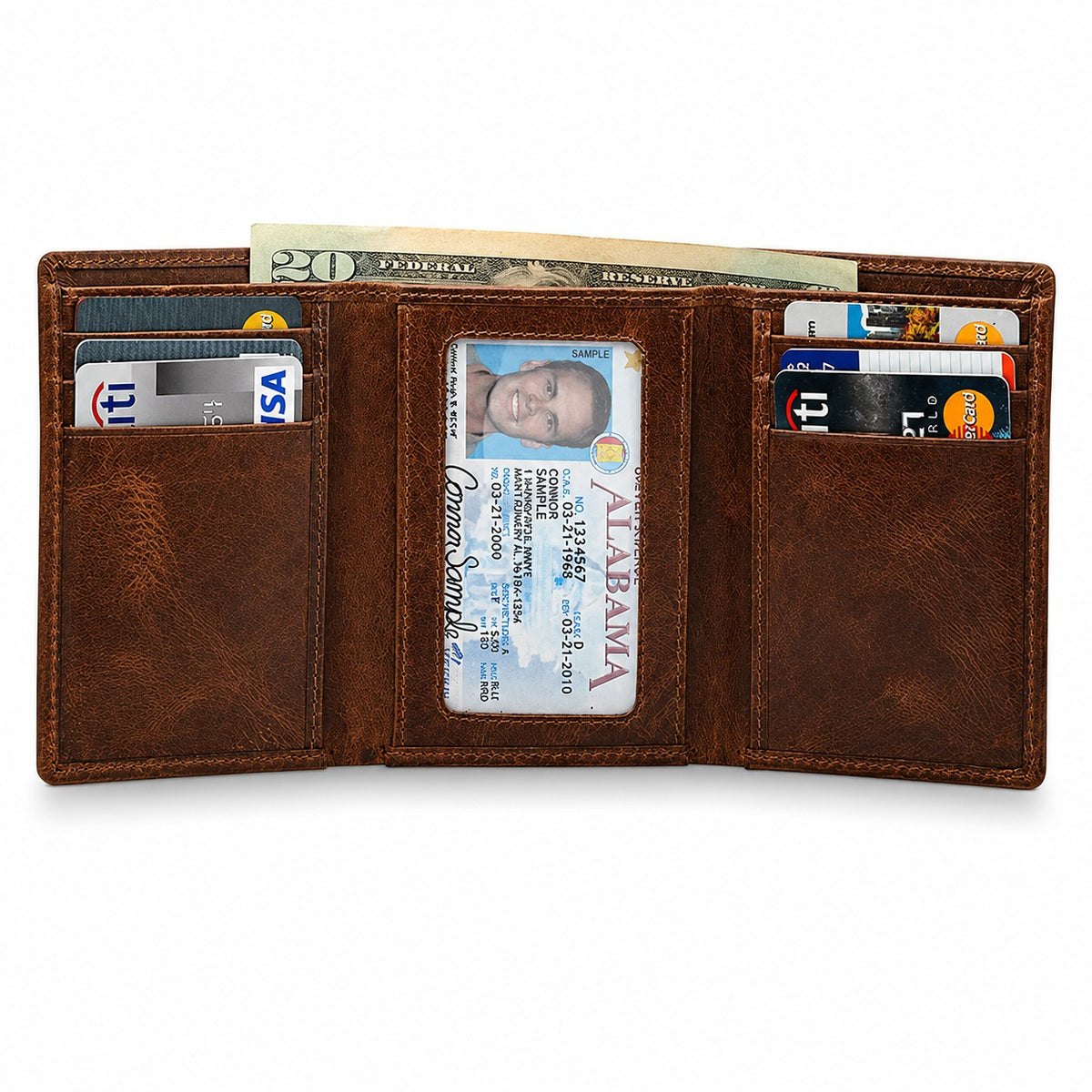 Executive Collection RFID Blocking Brown Leather Trifold Wallet with Center ID Window