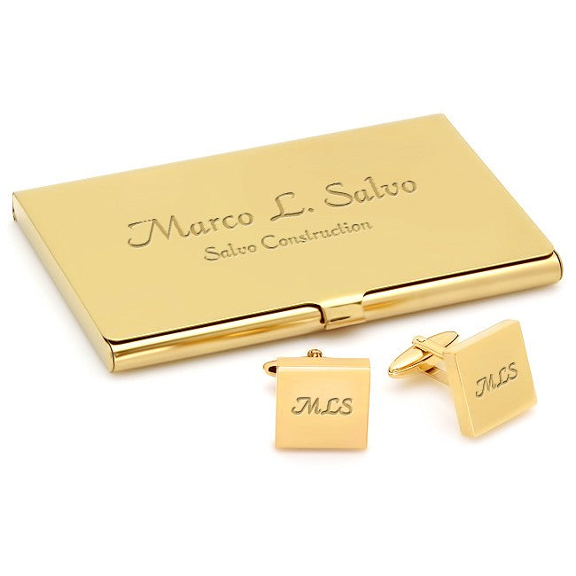 Polished Gold Engraved Business Card Holder & Cufflinks Gift Set - Executive Gift Shoppe