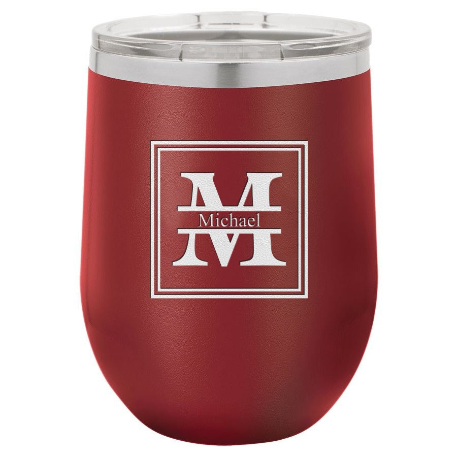 Split Monogram 12 Ounce Maroon Insulated Stemless Wine Glass