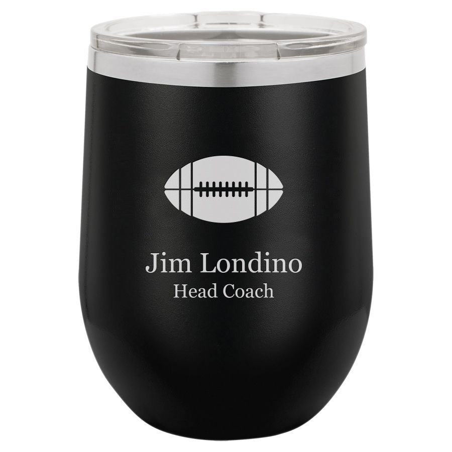 Football Themed 12 Ounce Black Personalized Stemless Wine Glass
