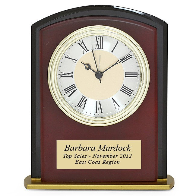 Square Arch Mahogany & Black Personalized Desk Clock - Executive Gift Shoppe