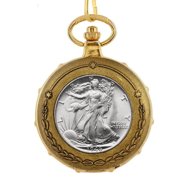 Walking Liberty Half Dollar Goldtone Pocket Watch & Chain - Executive Gift Shoppe